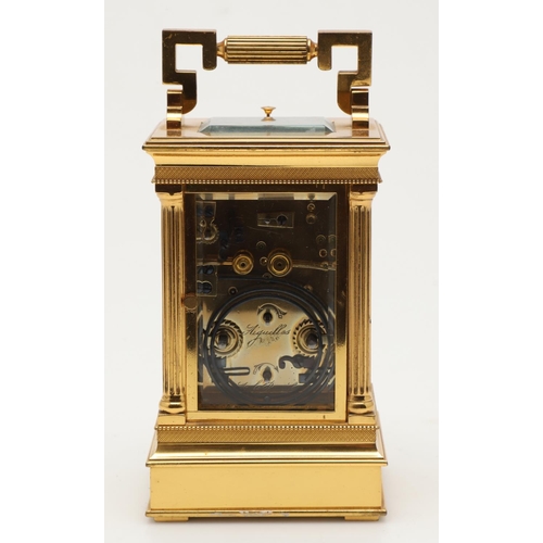 861 - A 19TH CENTURY FRENCH STRIKE REPEATER BRASS CARRIAGE CLOCK. the circular enamel dial with Roman nume... 