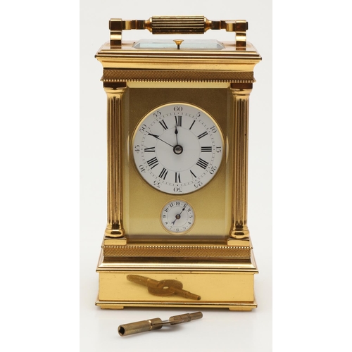 861 - A 19TH CENTURY FRENCH STRIKE REPEATER BRASS CARRIAGE CLOCK. the circular enamel dial with Roman nume... 