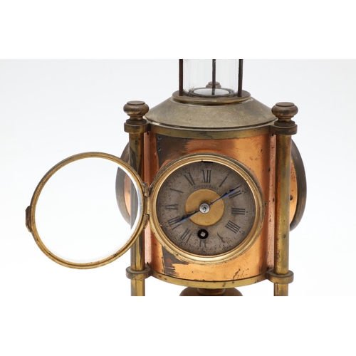 864 - A FRENCH NOVELTY BRASS AND COPPER COMBINATION TIMEPIECE. by the Cahoon Bros, in the form of a lanter... 