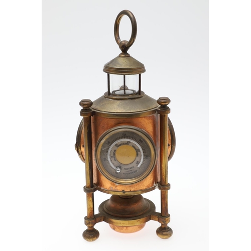 864 - A FRENCH NOVELTY BRASS AND COPPER COMBINATION TIMEPIECE. by the Cahoon Bros, in the form of a lanter... 
