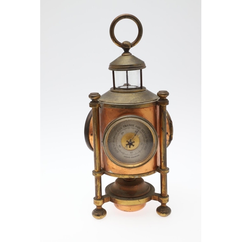 864 - A FRENCH NOVELTY BRASS AND COPPER COMBINATION TIMEPIECE. by the Cahoon Bros, in the form of a lanter... 
