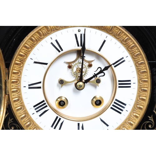 867 - A 19TH CENTURY BLACK SLATE MANTEL CLOCK AND MALACHITE GARNITURE. the 5.5