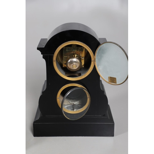 867 - A 19TH CENTURY BLACK SLATE MANTEL CLOCK AND MALACHITE GARNITURE. the 5.5