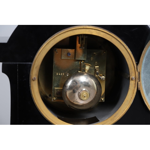 867 - A 19TH CENTURY BLACK SLATE MANTEL CLOCK AND MALACHITE GARNITURE. the 5.5