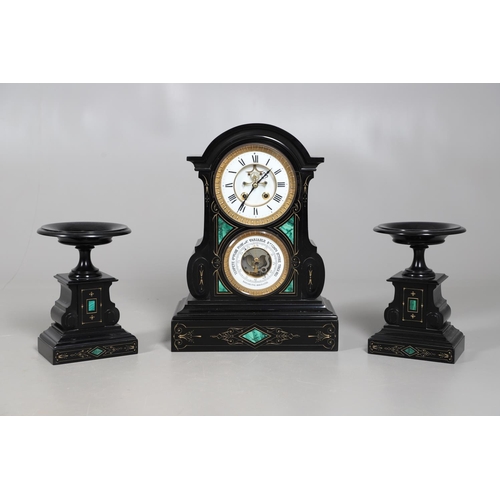 867 - A 19TH CENTURY BLACK SLATE MANTEL CLOCK AND MALACHITE GARNITURE. the 5.5