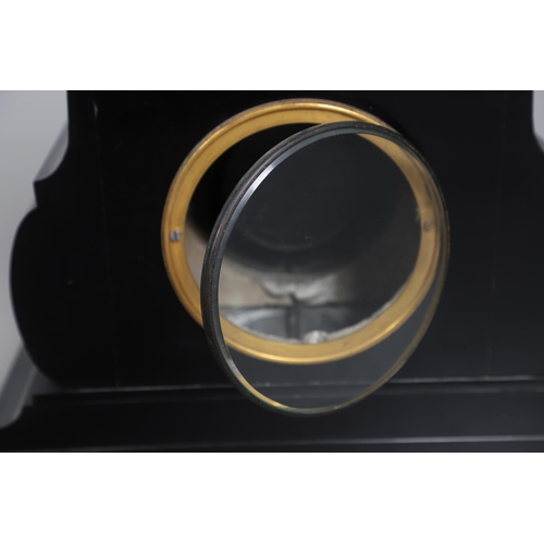 867 - A 19TH CENTURY BLACK SLATE MANTEL CLOCK AND MALACHITE GARNITURE. the 5.5