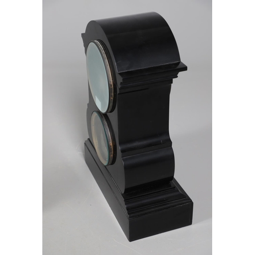 867 - A 19TH CENTURY BLACK SLATE MANTEL CLOCK AND MALACHITE GARNITURE. the 5.5