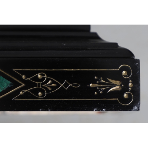 867 - A 19TH CENTURY BLACK SLATE MANTEL CLOCK AND MALACHITE GARNITURE. the 5.5