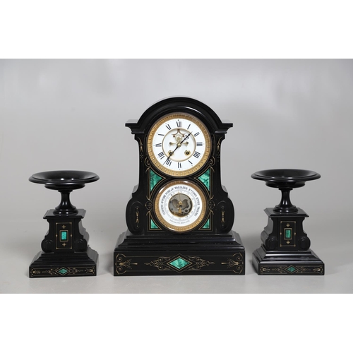 867 - A 19TH CENTURY BLACK SLATE MANTEL CLOCK AND MALACHITE GARNITURE. the 5.5