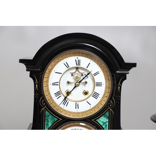 867 - A 19TH CENTURY BLACK SLATE MANTEL CLOCK AND MALACHITE GARNITURE. the 5.5