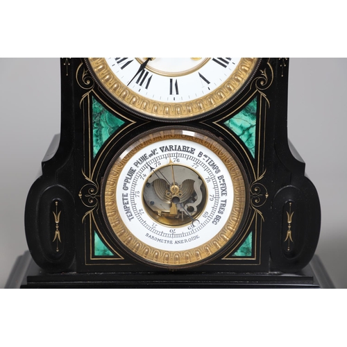 867 - A 19TH CENTURY BLACK SLATE MANTEL CLOCK AND MALACHITE GARNITURE. the 5.5