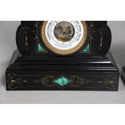 867 - A 19TH CENTURY BLACK SLATE MANTEL CLOCK AND MALACHITE GARNITURE. the 5.5