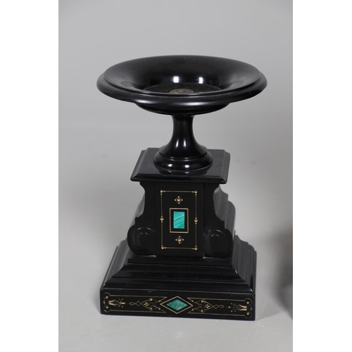867 - A 19TH CENTURY BLACK SLATE MANTEL CLOCK AND MALACHITE GARNITURE. the 5.5