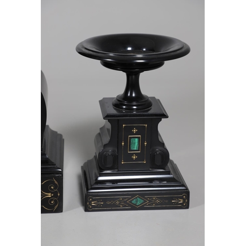 867 - A 19TH CENTURY BLACK SLATE MANTEL CLOCK AND MALACHITE GARNITURE. the 5.5