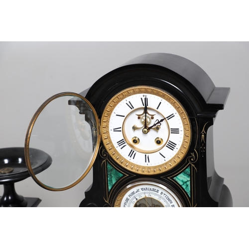 867 - A 19TH CENTURY BLACK SLATE MANTEL CLOCK AND MALACHITE GARNITURE. the 5.5