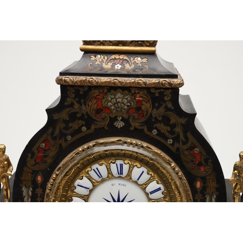 870 - A 19TH CENTURY FRENCH EBONISED AND INLAID MANTEL CLOCK, CIRCA 1860. the gilt metal and enamel dial s... 