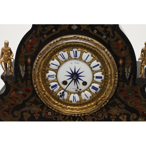 870 - A 19TH CENTURY FRENCH EBONISED AND INLAID MANTEL CLOCK, CIRCA 1860. the gilt metal and enamel dial s... 