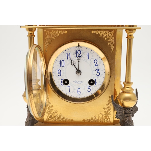 871 - A FRENCH NEO-CLASSICAL GILT BRASS CLOCK GARNITURE. 19th century, the painted enamel dial signed J W ... 