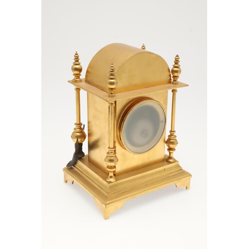 871 - A FRENCH NEO-CLASSICAL GILT BRASS CLOCK GARNITURE. 19th century, the painted enamel dial signed J W ... 