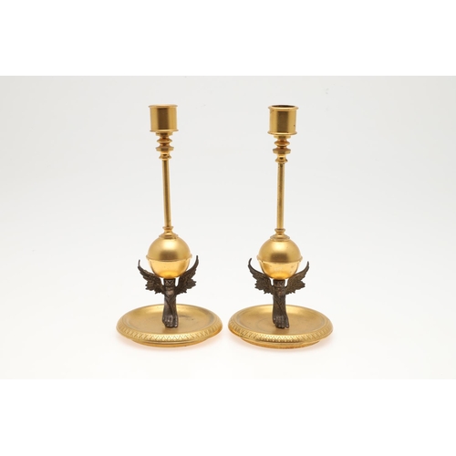 871 - A FRENCH NEO-CLASSICAL GILT BRASS CLOCK GARNITURE. 19th century, the painted enamel dial signed J W ... 