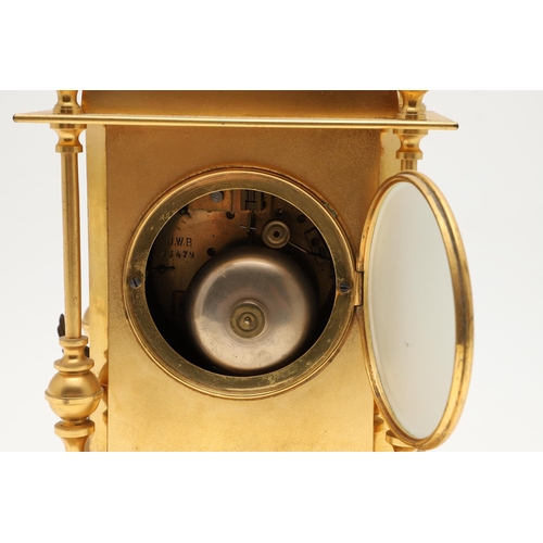 871 - A FRENCH NEO-CLASSICAL GILT BRASS CLOCK GARNITURE. 19th century, the painted enamel dial signed J W ... 