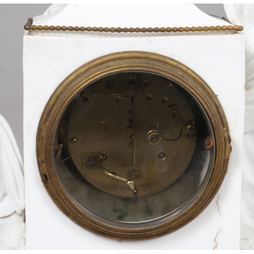 872 - A FRENCH BISQUE PORCELAIN FIGURAL MANTEL CLOCK. 19th century, the 3 3/4