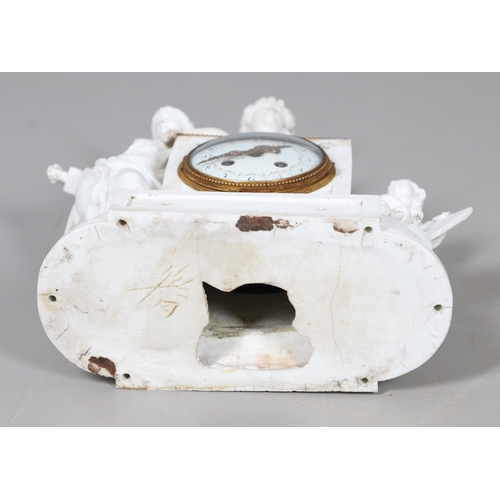 872 - A FRENCH BISQUE PORCELAIN FIGURAL MANTEL CLOCK. 19th century, the 3 3/4