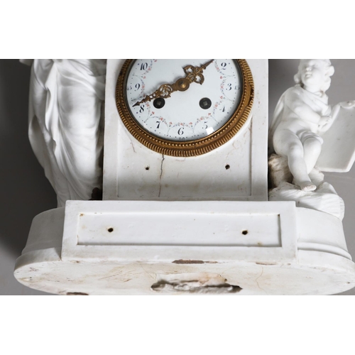 872 - A FRENCH BISQUE PORCELAIN FIGURAL MANTEL CLOCK. 19th century, the 3 3/4
