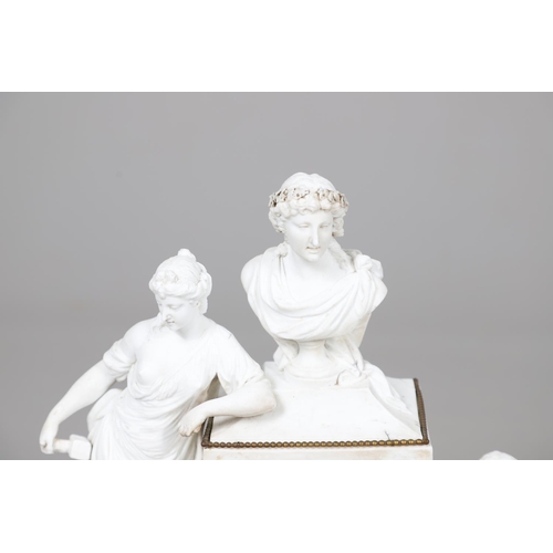 872 - A FRENCH BISQUE PORCELAIN FIGURAL MANTEL CLOCK. 19th century, the 3 3/4