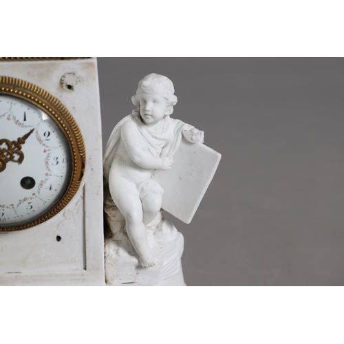 872 - A FRENCH BISQUE PORCELAIN FIGURAL MANTEL CLOCK. 19th century, the 3 3/4