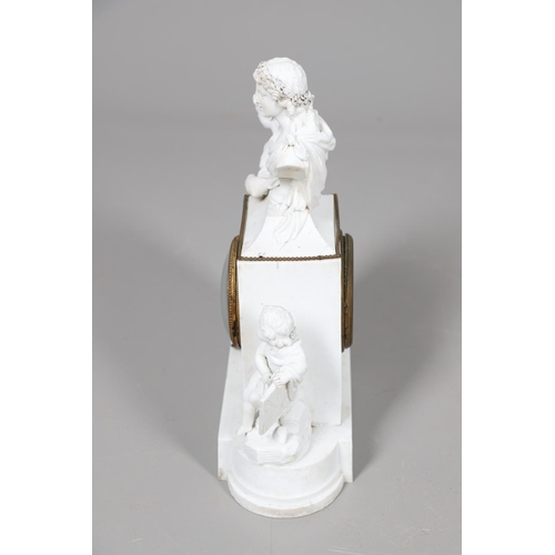 872 - A FRENCH BISQUE PORCELAIN FIGURAL MANTEL CLOCK. 19th century, the 3 3/4