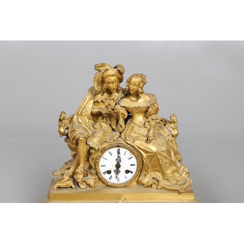 873 - A 19TH CENTURY FRENCH ORMOLU FIGURAL MANTEL CLOCK GARNITURE. in the Louis XVI style, the two train c... 