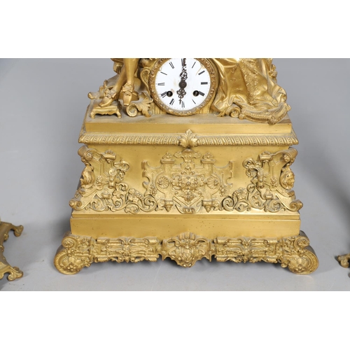 873 - A 19TH CENTURY FRENCH ORMOLU FIGURAL MANTEL CLOCK GARNITURE. in the Louis XVI style, the two train c... 