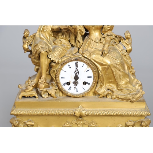 873 - A 19TH CENTURY FRENCH ORMOLU FIGURAL MANTEL CLOCK GARNITURE. in the Louis XVI style, the two train c... 