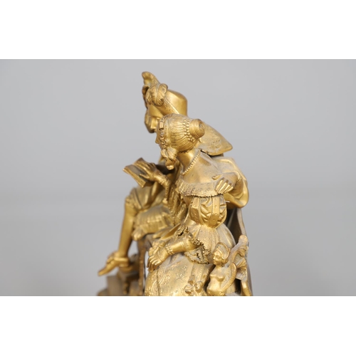873 - A 19TH CENTURY FRENCH ORMOLU FIGURAL MANTEL CLOCK GARNITURE. in the Louis XVI style, the two train c... 
