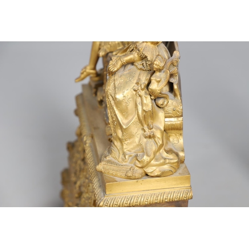 873 - A 19TH CENTURY FRENCH ORMOLU FIGURAL MANTEL CLOCK GARNITURE. in the Louis XVI style, the two train c... 