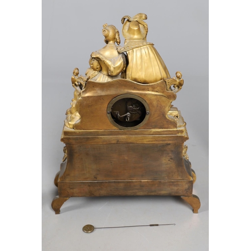 873 - A 19TH CENTURY FRENCH ORMOLU FIGURAL MANTEL CLOCK GARNITURE. in the Louis XVI style, the two train c... 