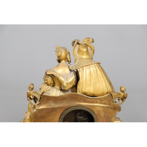 873 - A 19TH CENTURY FRENCH ORMOLU FIGURAL MANTEL CLOCK GARNITURE. in the Louis XVI style, the two train c... 