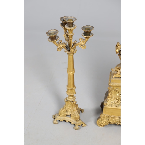 873 - A 19TH CENTURY FRENCH ORMOLU FIGURAL MANTEL CLOCK GARNITURE. in the Louis XVI style, the two train c... 