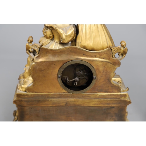 873 - A 19TH CENTURY FRENCH ORMOLU FIGURAL MANTEL CLOCK GARNITURE. in the Louis XVI style, the two train c... 
