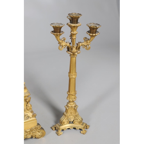 873 - A 19TH CENTURY FRENCH ORMOLU FIGURAL MANTEL CLOCK GARNITURE. in the Louis XVI style, the two train c... 