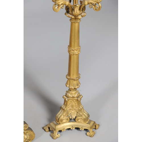873 - A 19TH CENTURY FRENCH ORMOLU FIGURAL MANTEL CLOCK GARNITURE. in the Louis XVI style, the two train c... 