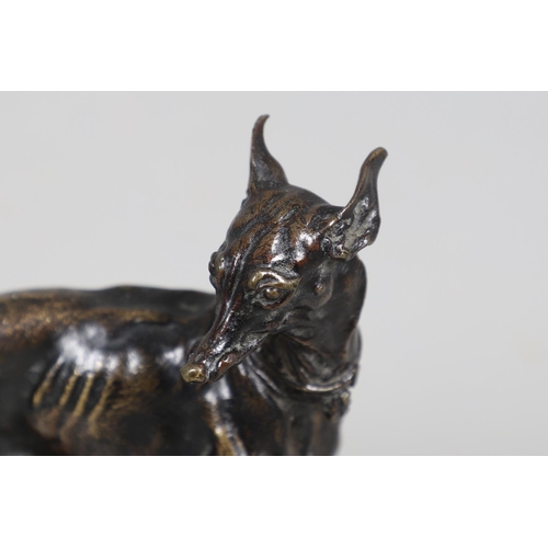 880 - PIERRE-JULES MENE (1810-1879). a 19th century bronze of a Whippet upon an oval base with fan and fol... 