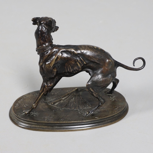 880 - PIERRE-JULES MENE (1810-1879). a 19th century bronze of a Whippet upon an oval base with fan and fol... 