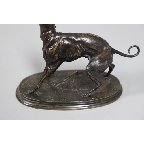 880 - PIERRE-JULES MENE (1810-1879). a 19th century bronze of a Whippet upon an oval base with fan and fol... 