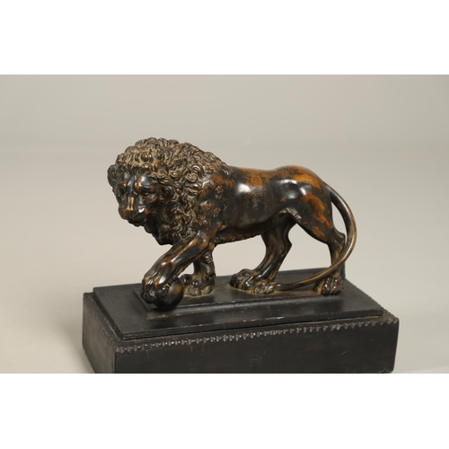 882 - A GRAND TOUR BRONZE OF THE MEDICI LION. 18th/19th century, well worn brown patina, upon later ebonis... 