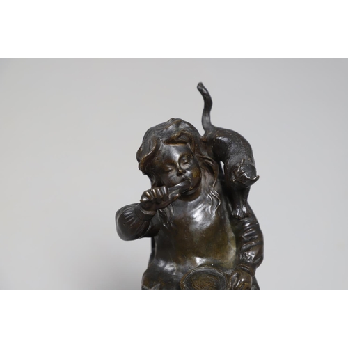 887 - AFTER HENRI FUGERE (1872-1944), BRONZE OF A CHILD. modelled as a seated girl, feeding herself with a... 