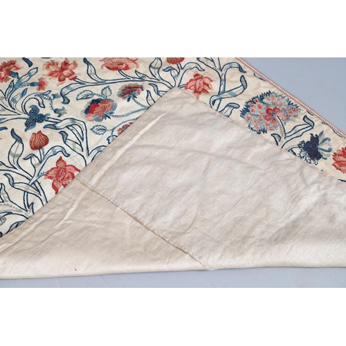 894 - A LATE 19TH/EARLY 20TH CENTURY CREWELWORK PANEL. the large floral patterned embroidery upon linen, t... 