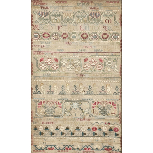 895 - A 19TH CENTURY SILKWORK SAMPLER. finely embroidered with the alphabet, borders of flowers, acorns, l... 