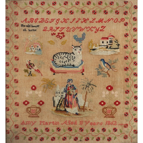 896 - A MID-19TH CENTURY PICTORIAL WOOLWORK SAMPLER. illustrating the alphabet, birds, a cat, an Oriental ... 